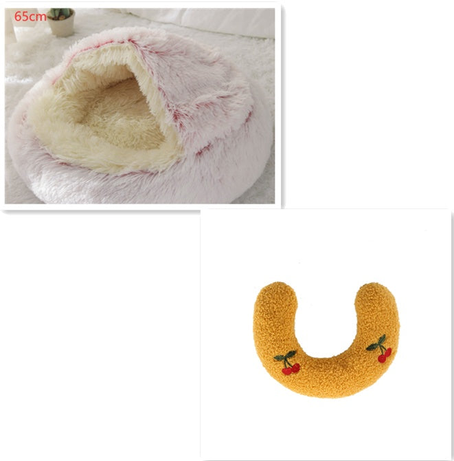 Round plush pet bed with cave opening, light cream fur, pink trim, 65cm