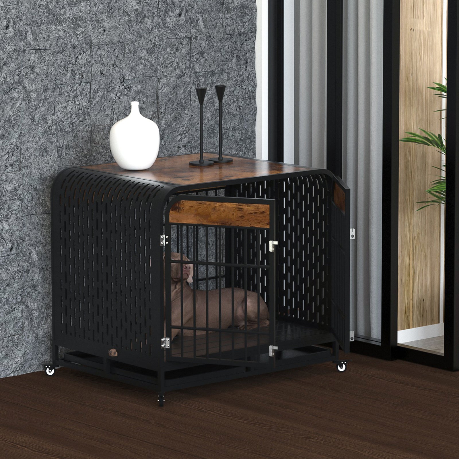 Dog crate furniture with wood tabletop and black metal walls, front door bars, rolling base