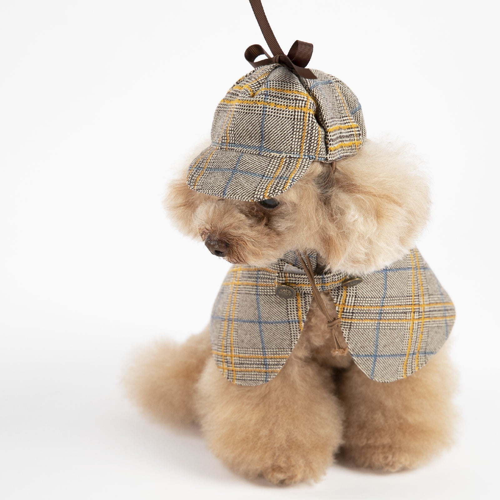 Plaid dog detective outfit with hooded cloak and cape, ribbon ties