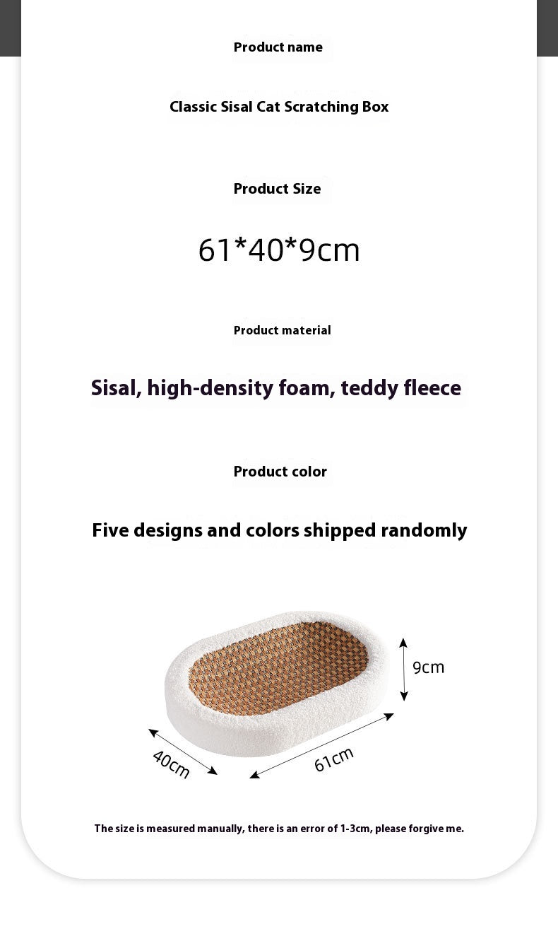 Oval cat scratch basin with woven sisal insert and white plush wrap, size shown