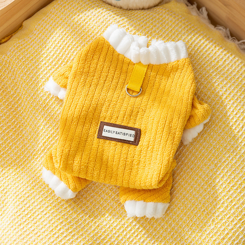 Yellow ribbed fleece pet jumpsuit with white ruffle collar and snap button placket