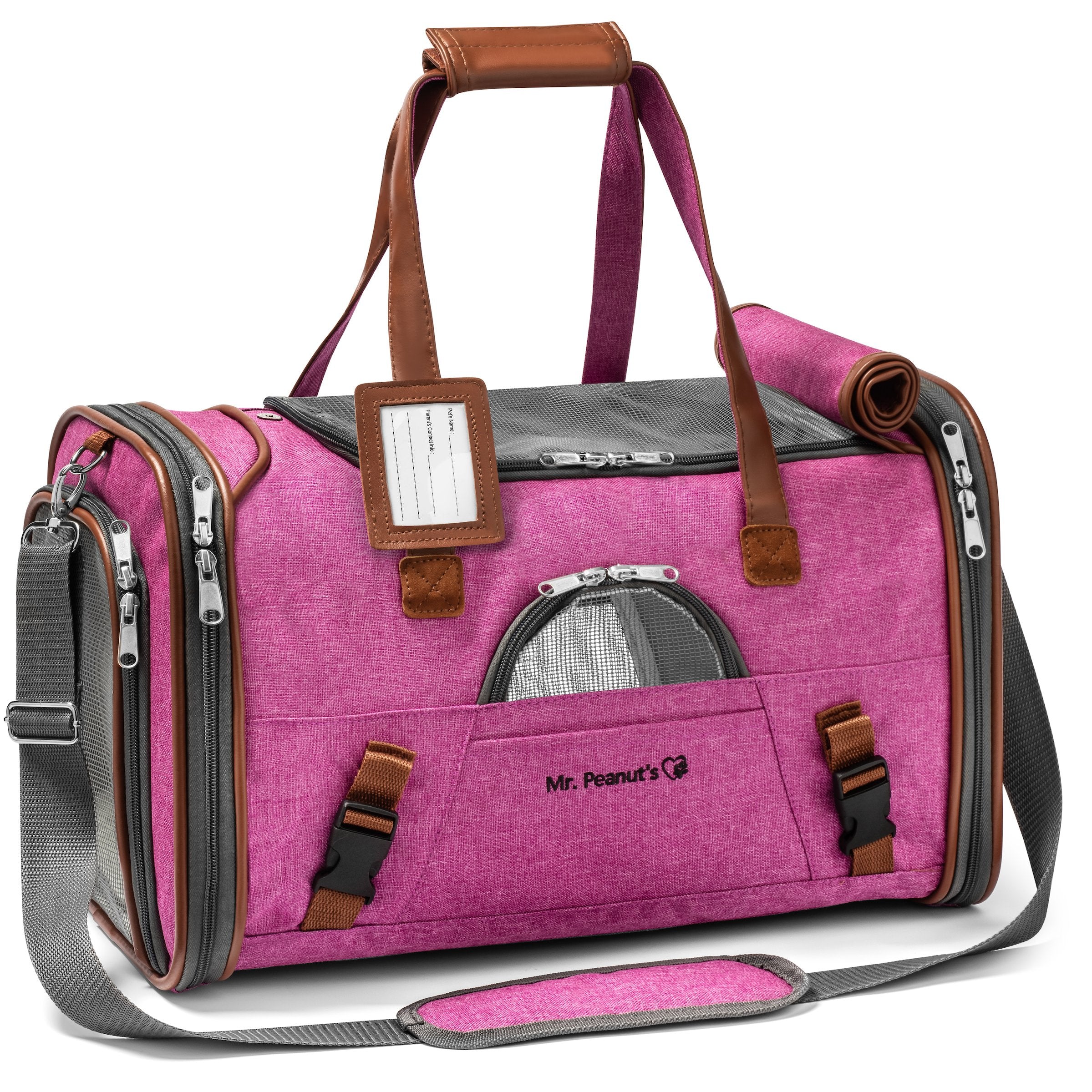 Pink airline pet carrier with mesh door, brown handles, and padded shoulder strap