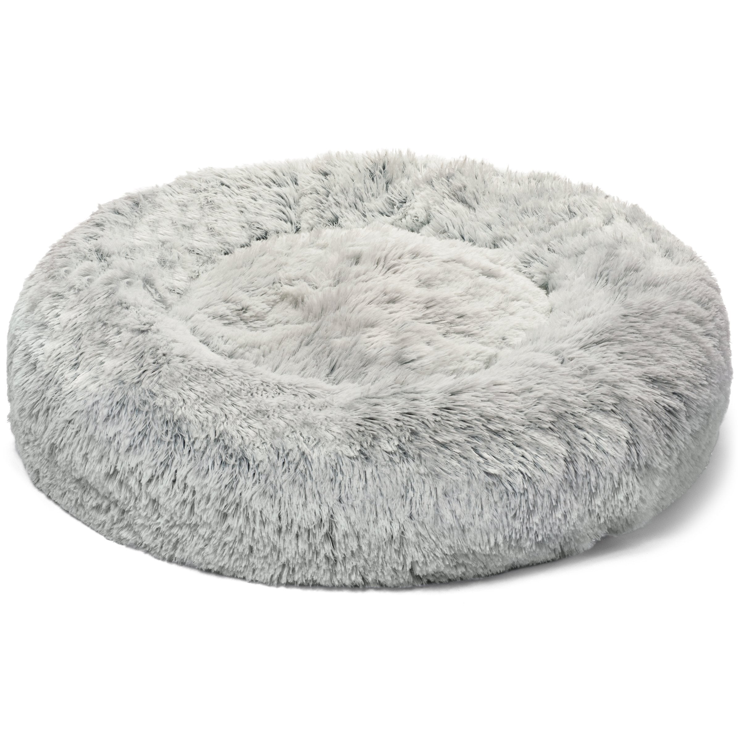 Light gray round shag pet bed with thick, padded bolster