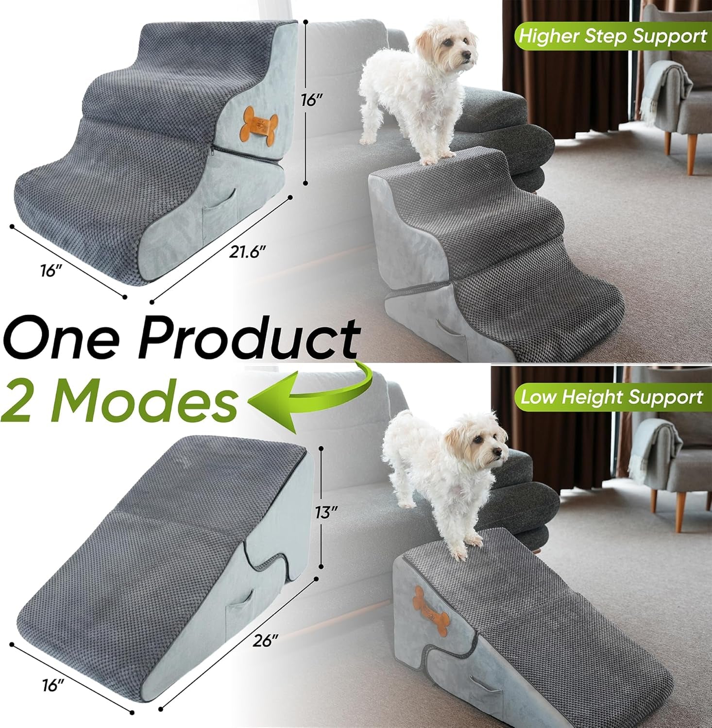 Foldable gray dog ramp shown in higher and lower step heights with textured grip surface