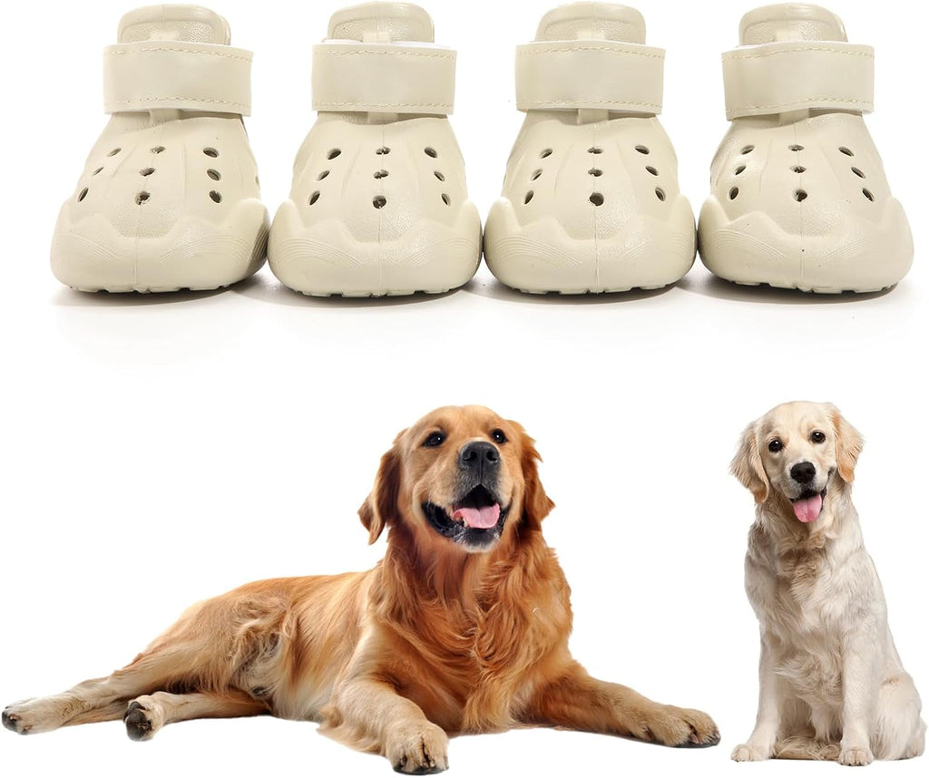 Set of beige dog shoes with ventilated holes and adjustable straps
