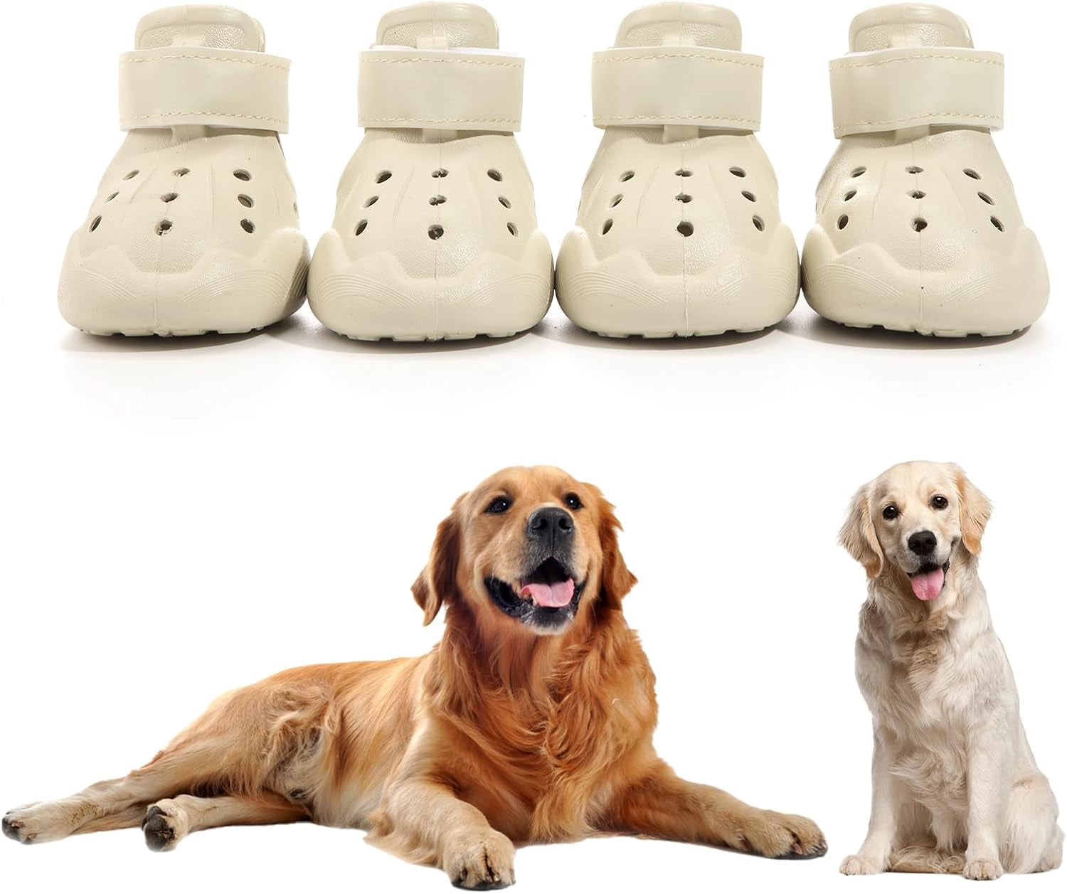 Set of beige dog shoes with ventilated holes and adjustable straps