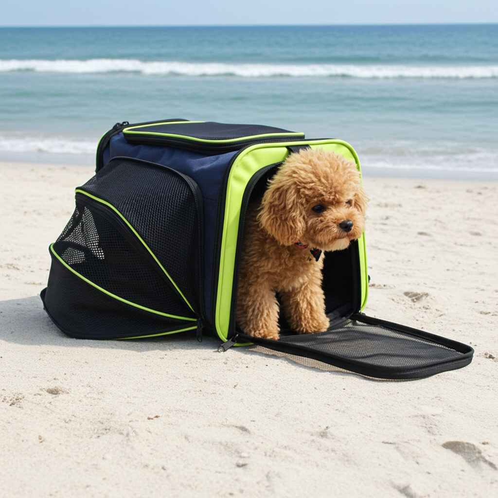 Airline-approved pet dog carrier in dark blue with lime green trim and mesh front