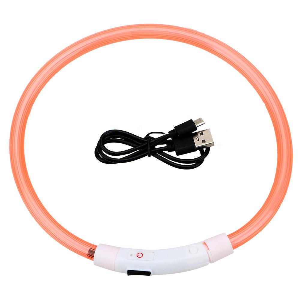 Light orange USB rechargeable glow pet collar with flashing modes and USB charging cable