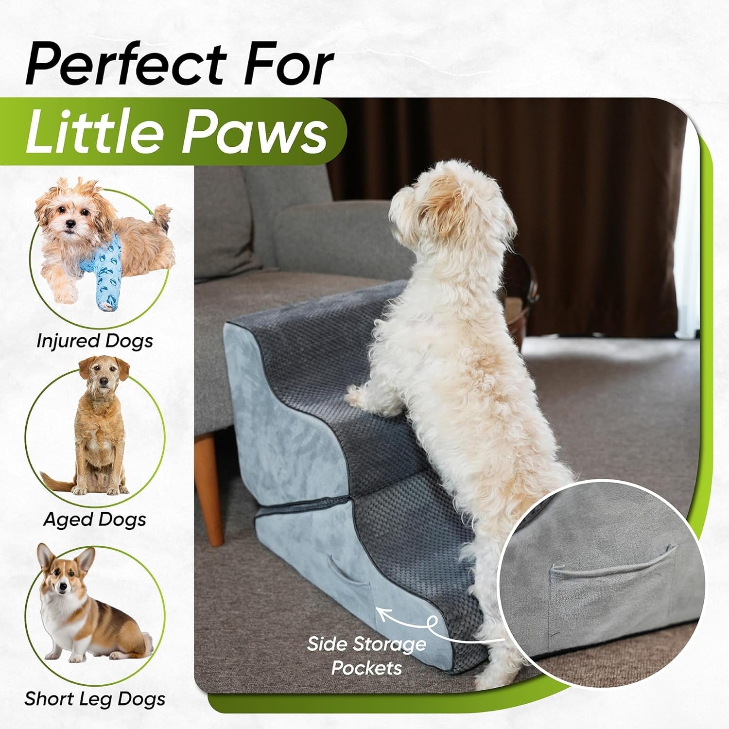 Gray dog ramp with side pockets and textured grip steps; small dog seated on ramp