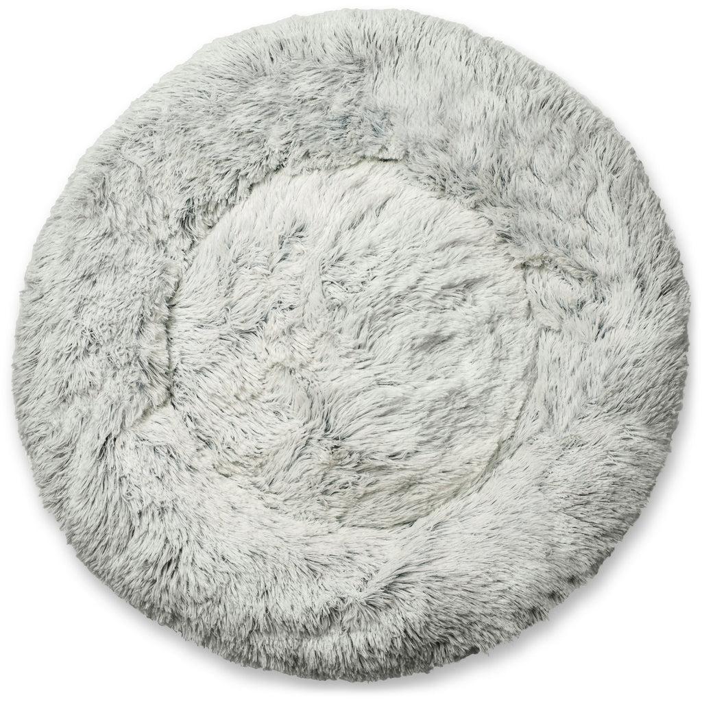 Gray shag round pet bed with swirl-like plush pattern on the top surface