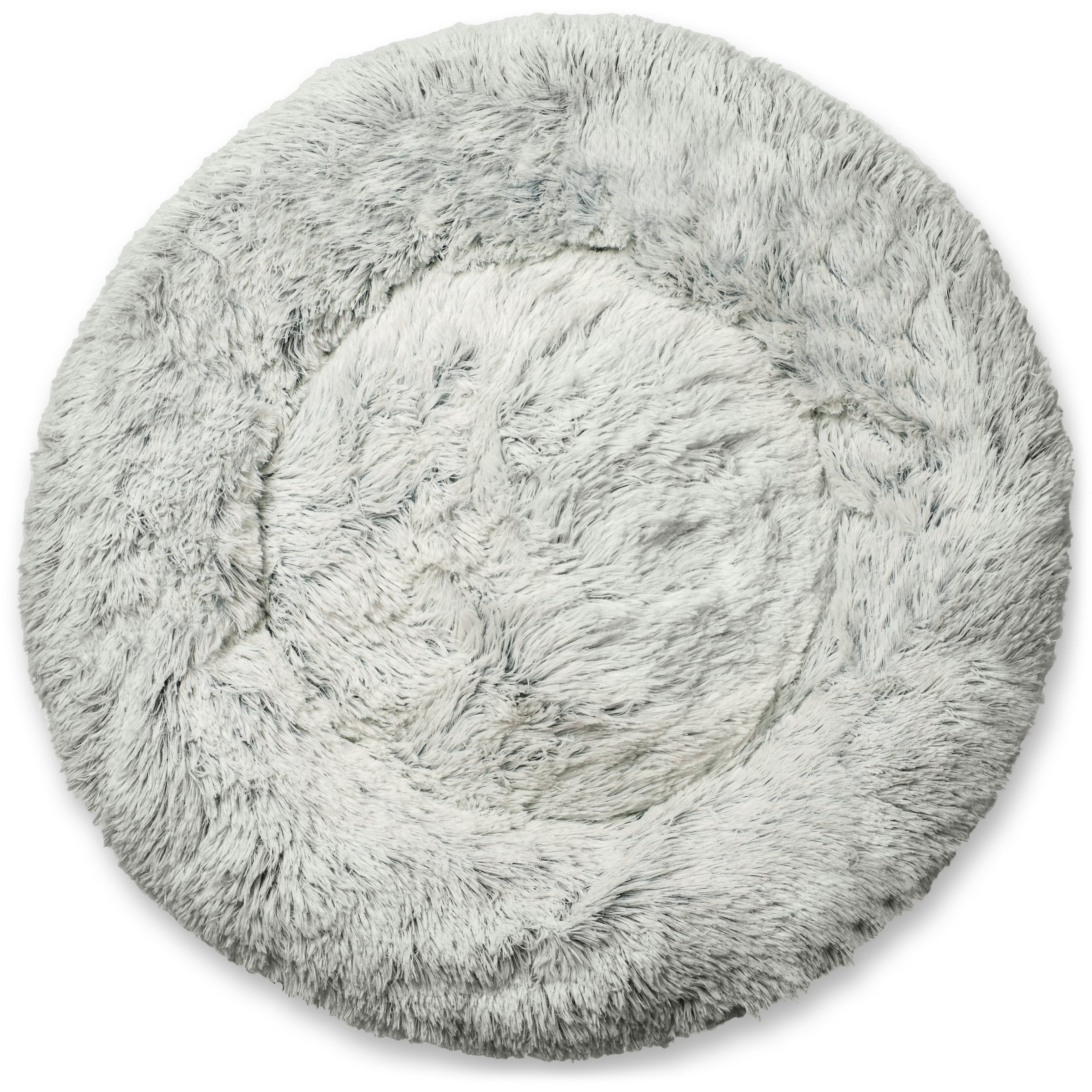 Gray shag round pet bed with swirl-like plush pattern on the top surface