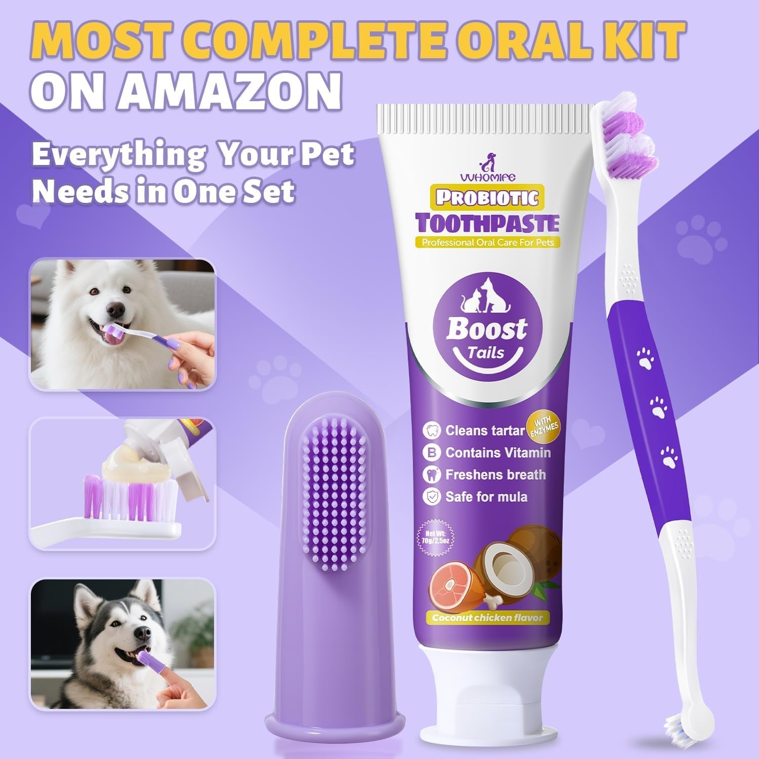 Complete dog oral care kit set with probiotic toothpaste tube and dual toothbrush