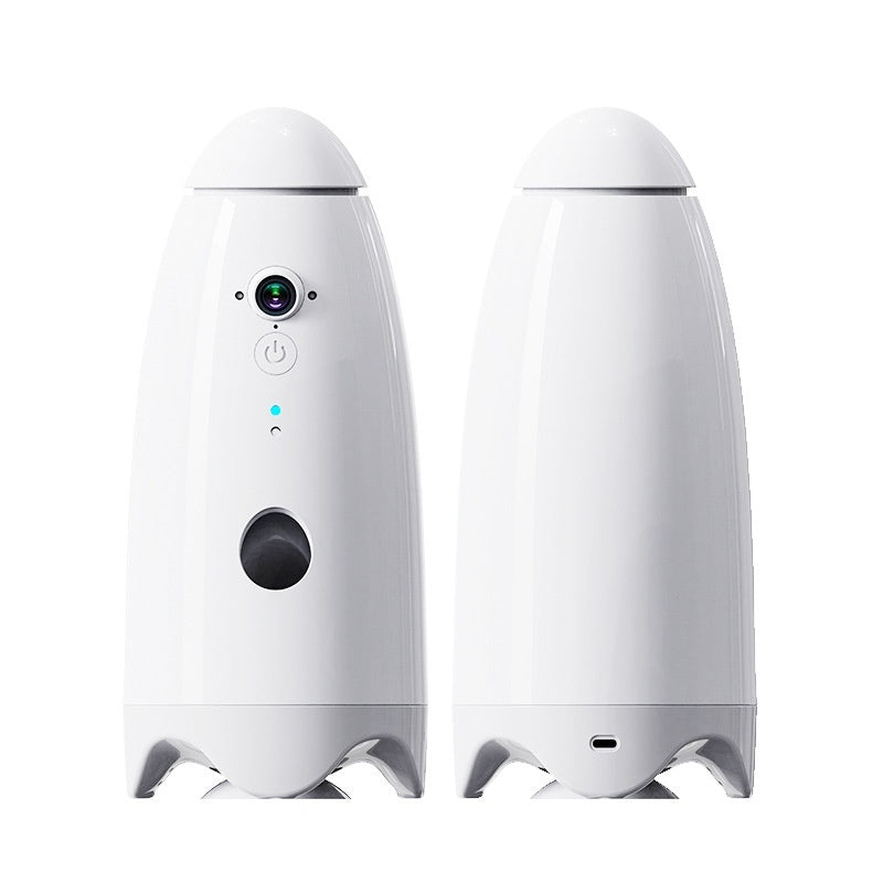 White smart pet feeder with camera and front/back views, charging port visible