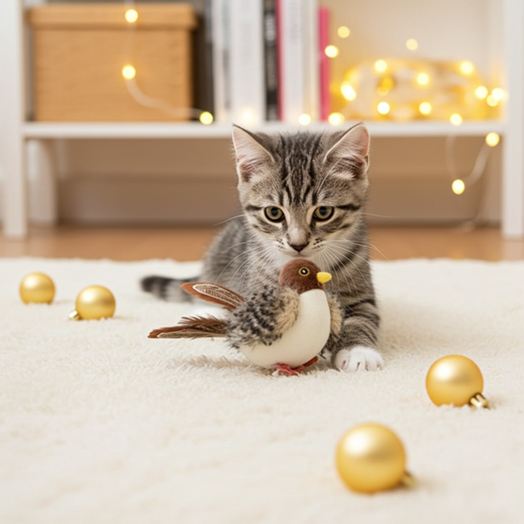 Plush catnip bird toy with realistic bird design, held in gray tabby cat paws