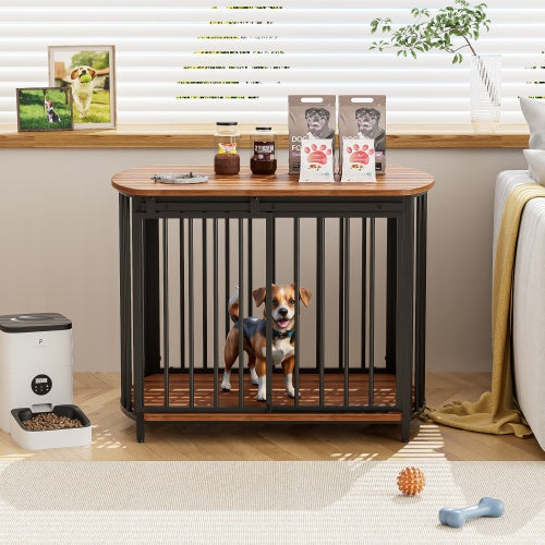 Wood-top dog crate with vertical bars and open front, end-table base, dark metal.