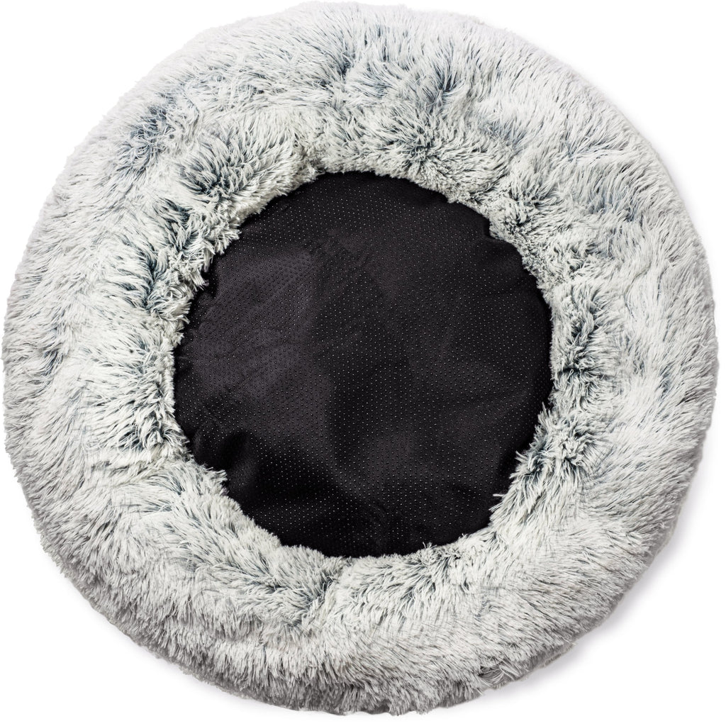 Two-tone round pet bed with light gray outer plush and dark fabric inner base