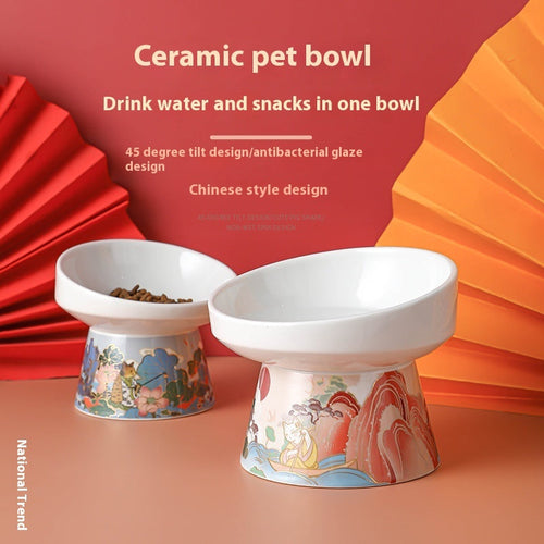 Ceramic elevated cat feeding bowl with white top and patterned base, two-bowl view