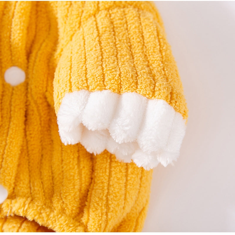 Yellow ribbed fleece pet jumpsuit sleeve cuff with fluffy white trim