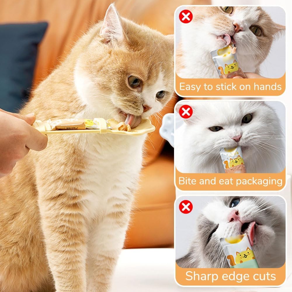 Yellow cat treat squeeze spoon with grip, cat licking from spoon
