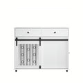 White dog crate furniture with two drawers and side bars, sliding barn door style