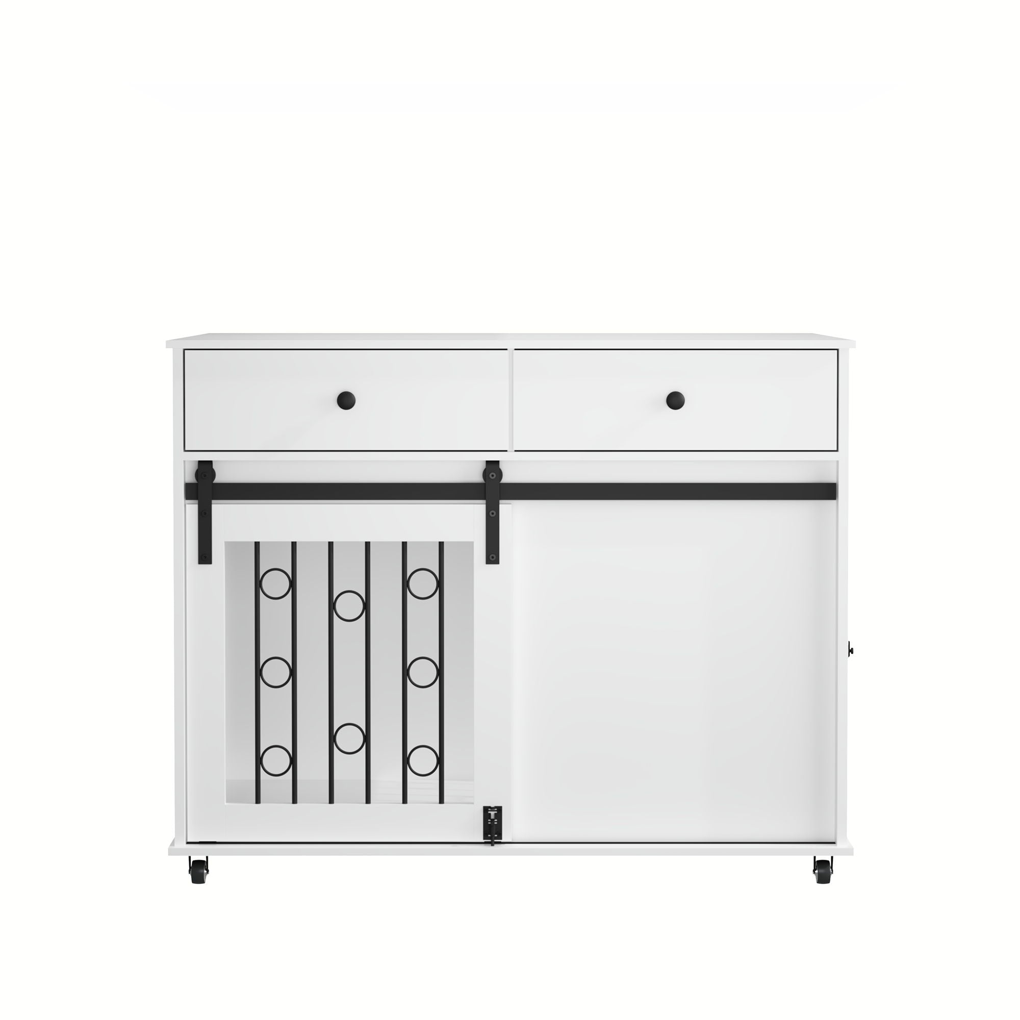 White dog crate furniture with two drawers and side bars, sliding barn door style