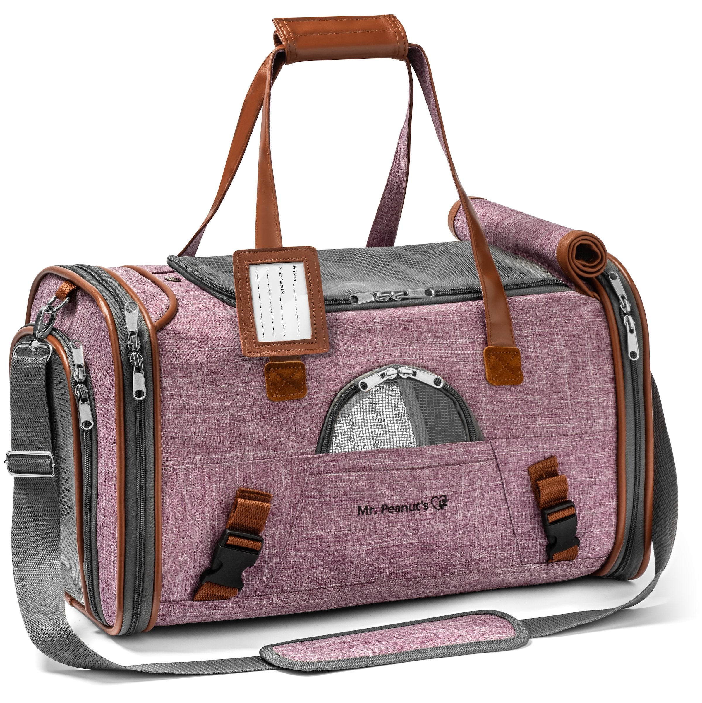 Mauve/pink airline pet carrier with mesh door, brown handles, and side zipper pockets