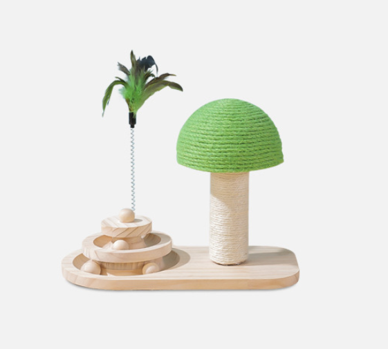 Green sisal cat scratch toy with dangling feather wand and circular track base