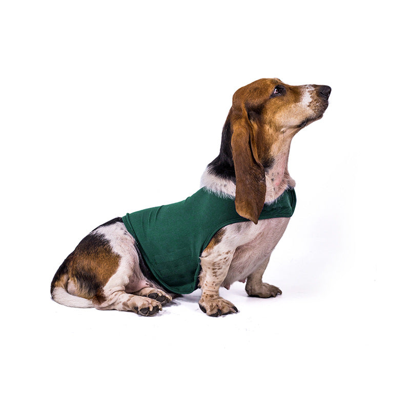 Pet calming anxiety vest, green fabric with front panel and arm openings