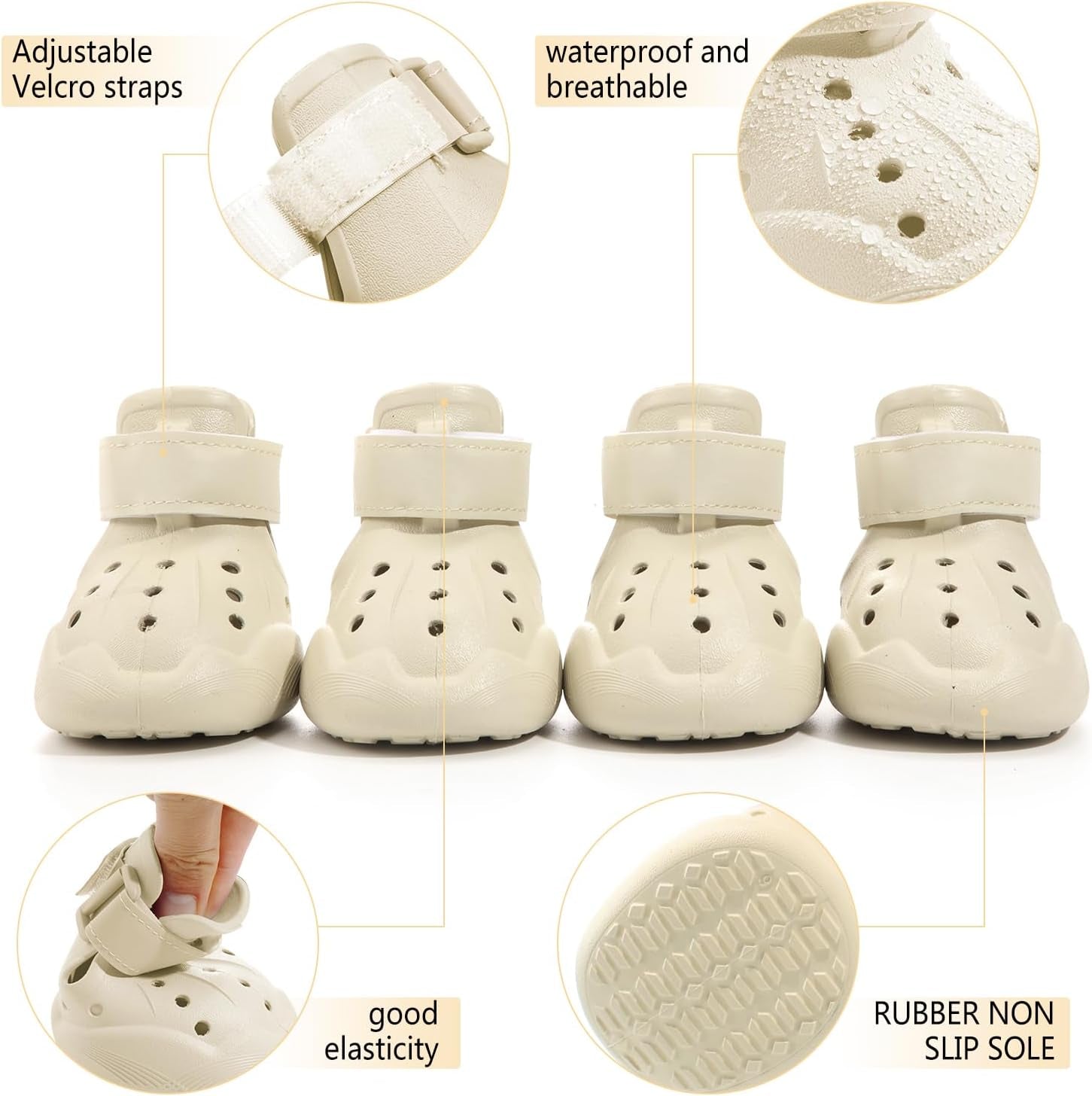 Cream dog boots 4-pack with adjustable Velcro straps and non-slip rubber sole