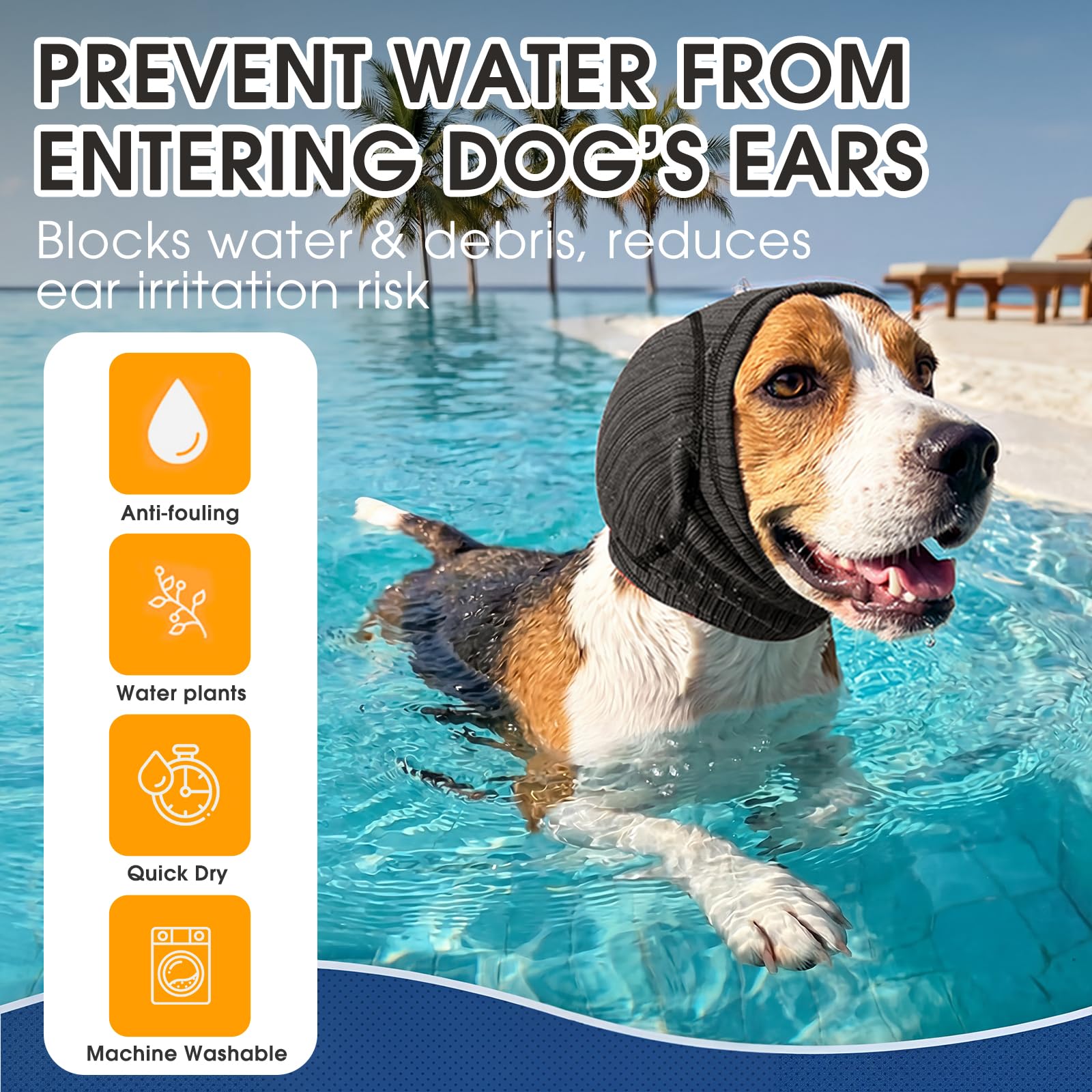 Dog ear protection wrap, dark gray fabric worn during swimming