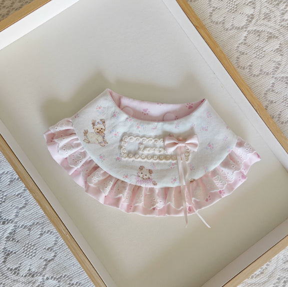 Pink lace-trimmed scarf with bow and scalloped ruffle trim, teddy print