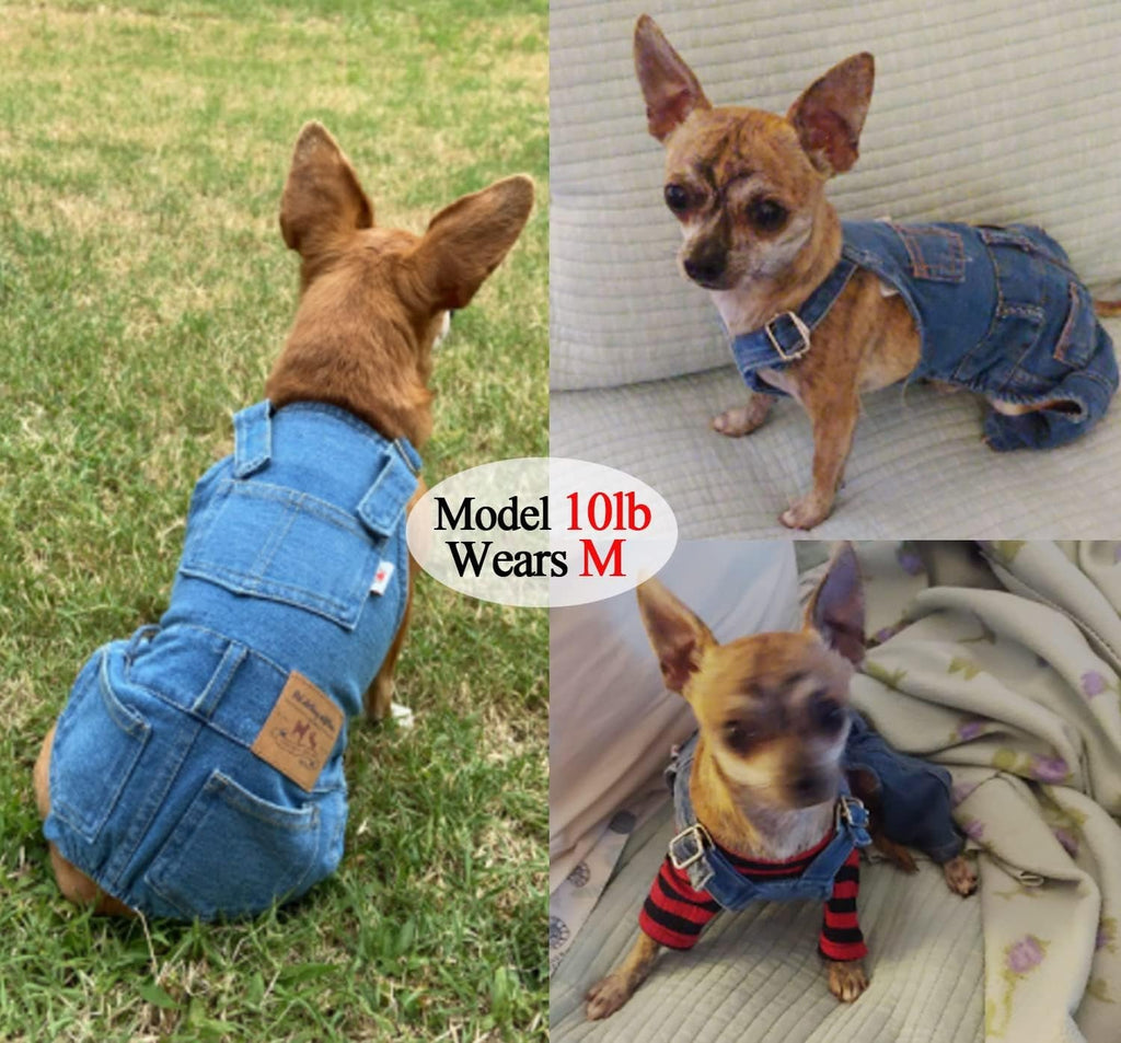 Blue denim dog overalls jumpsuit with chest pockets and adjustable neck and waist straps