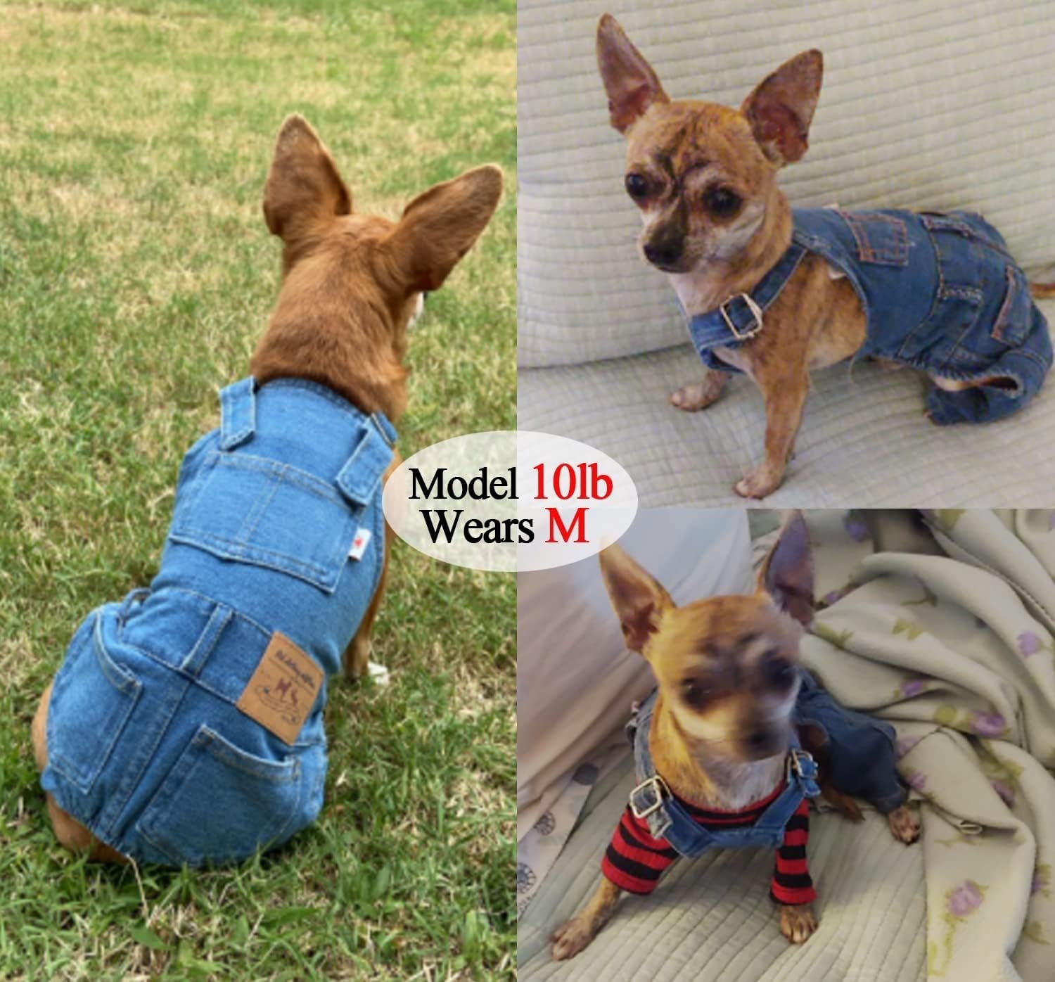 Blue denim dog overalls jumpsuit with chest pockets and adjustable neck and waist straps