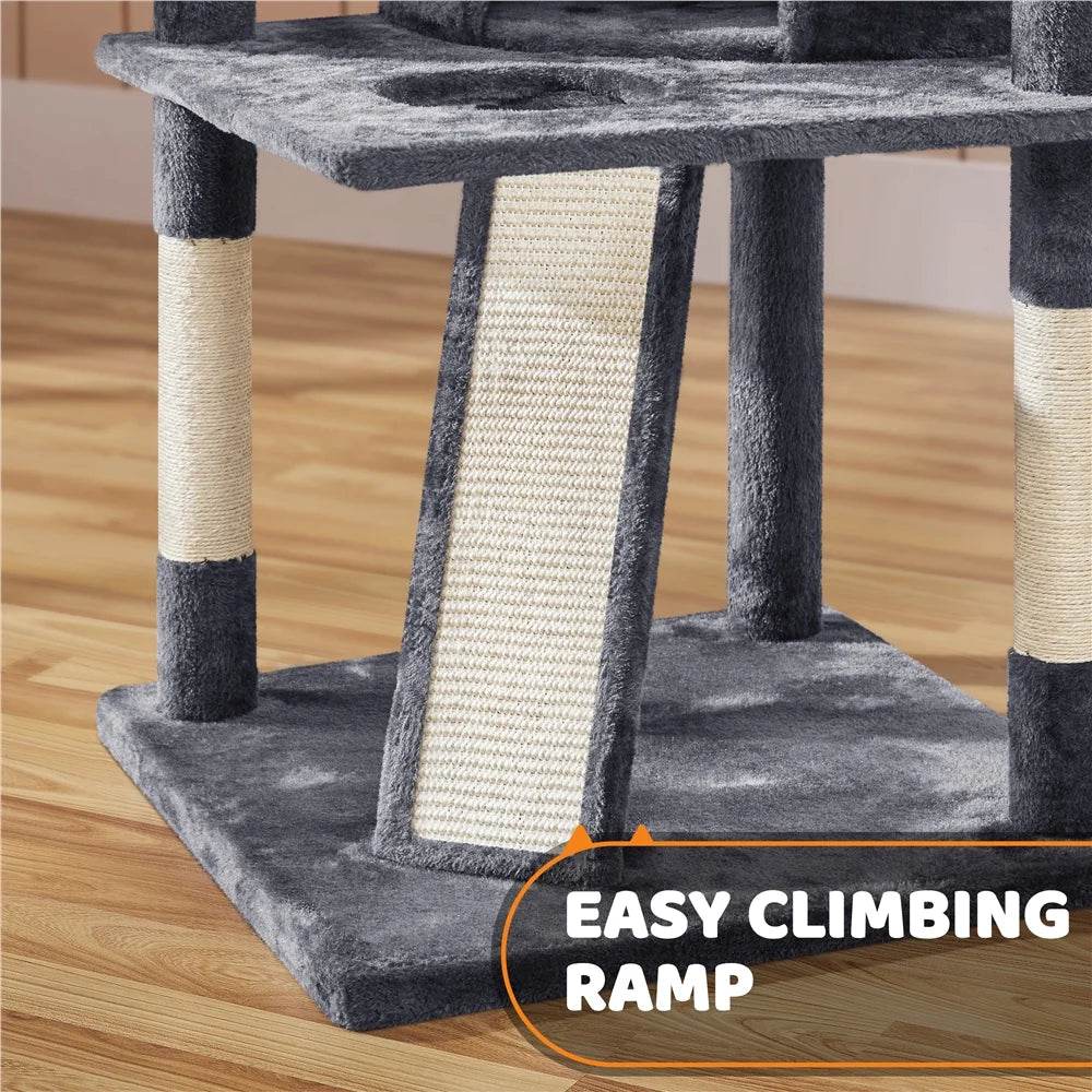 Dark gray cat tree condo entrance with dangling ball toys and hanging strings