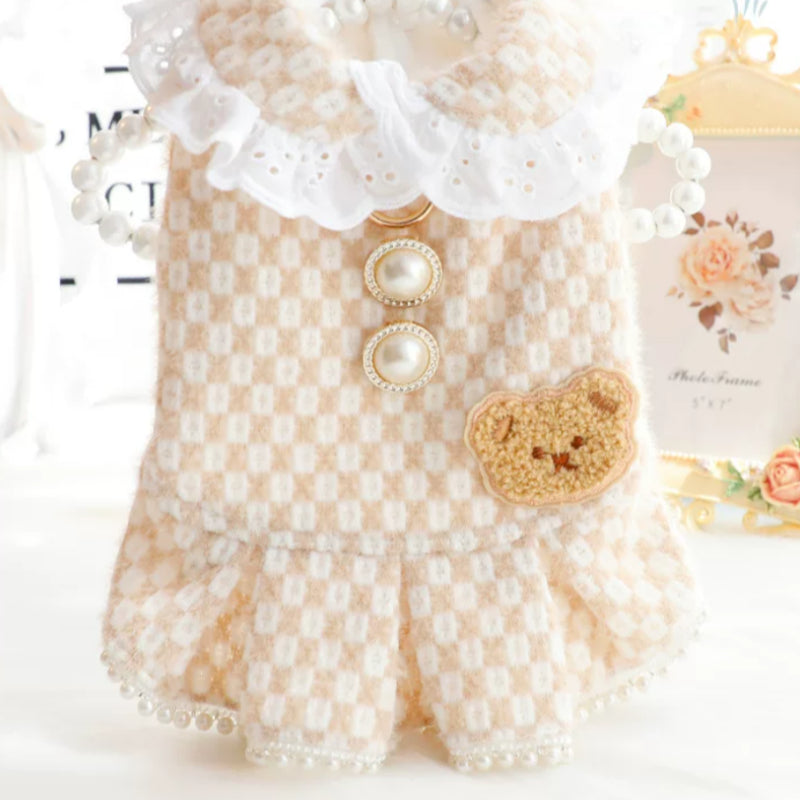 Light coffee check cotton skirt with white ruffle trim and faux pearl buttons