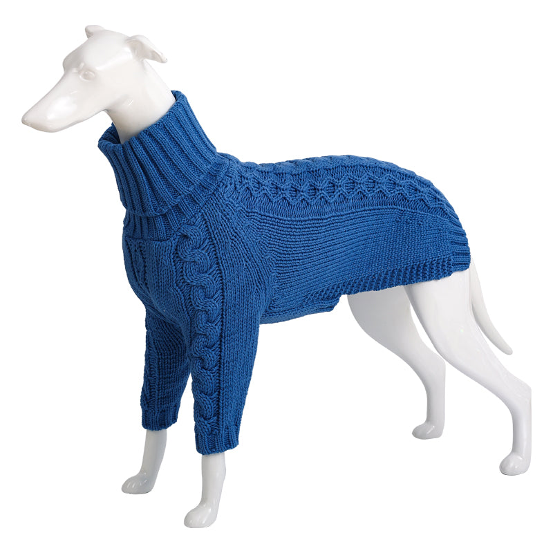 High-collar knit dog sweater in blue, textured cable pattern with long sleeves