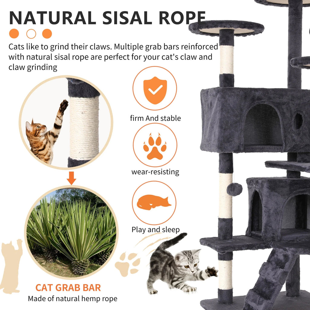 Natural sisal rope cat grab bars wrapping scratching posts on gray double condo tree
