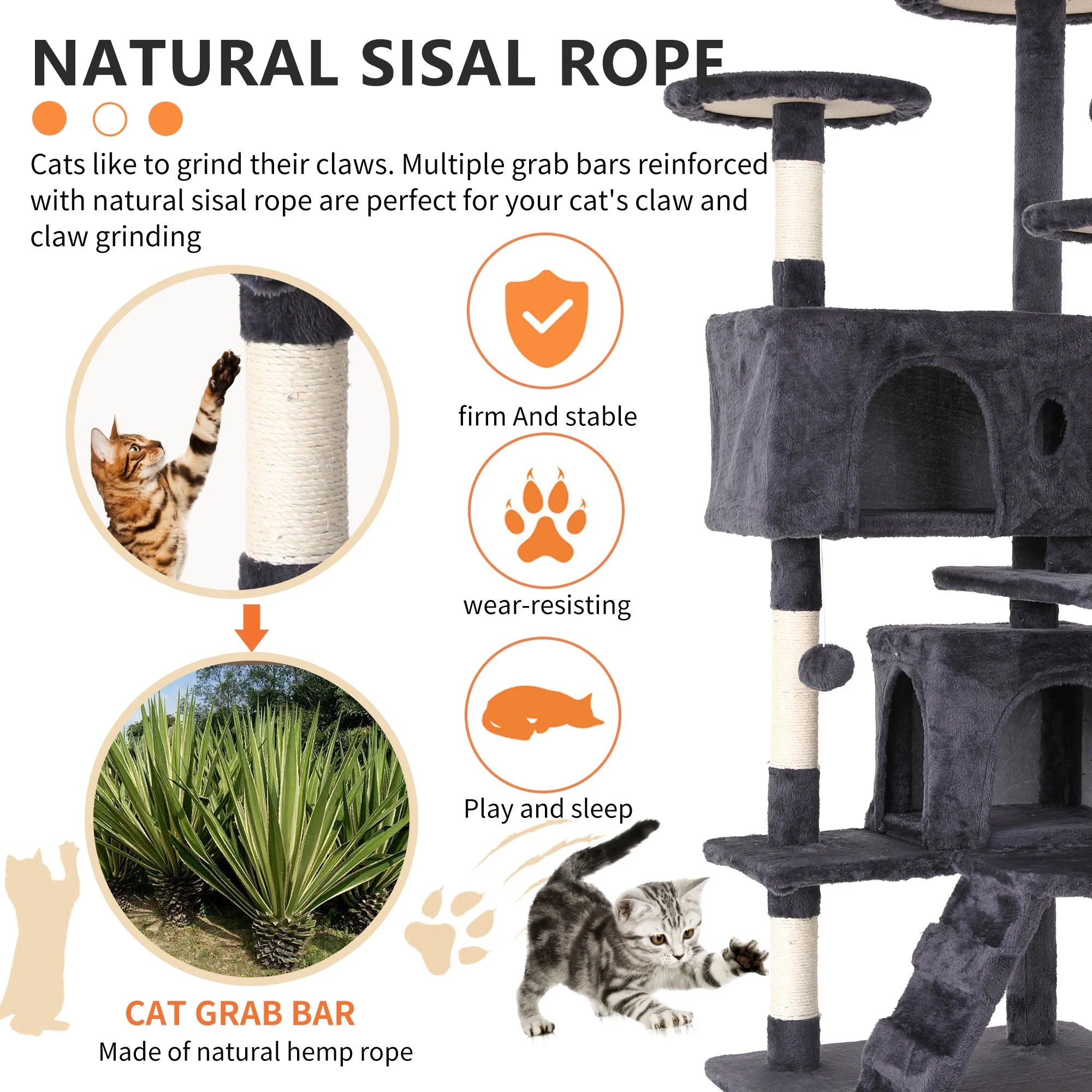 Natural sisal rope cat grab bars wrapping scratching posts on gray double condo tree