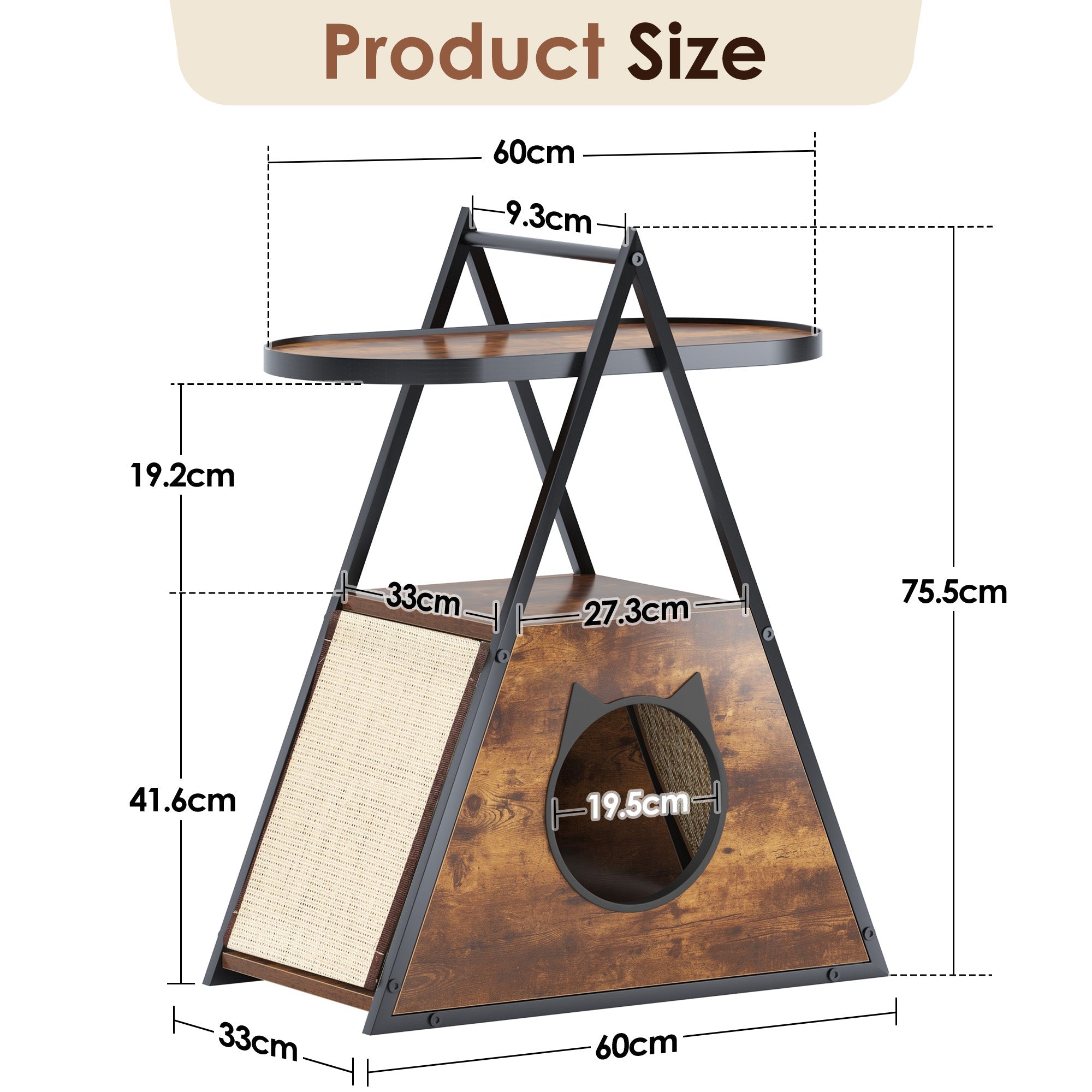 Cat house end table size diagram with measurements for top shelf, scratch panel, and bed