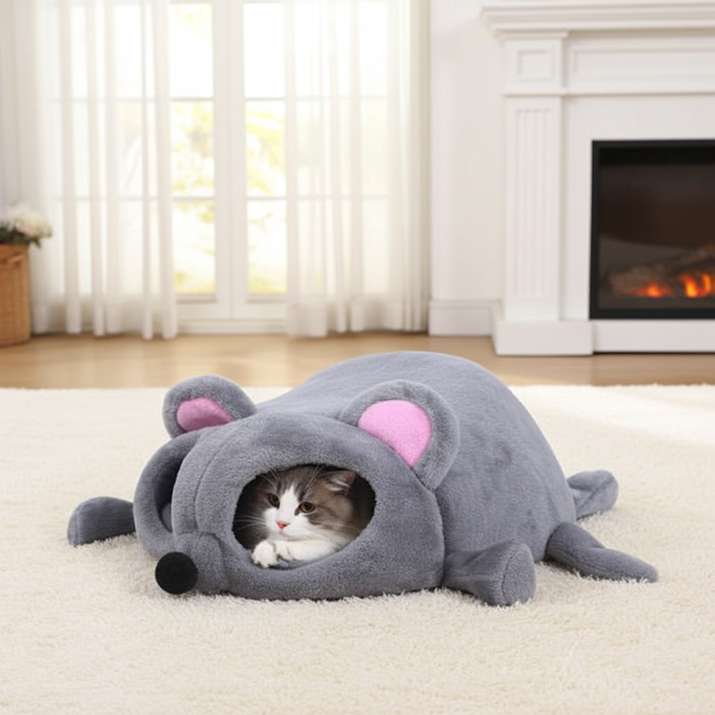 Gray plush cat cave toy shaped like a mouse, with pink ears and a front opening