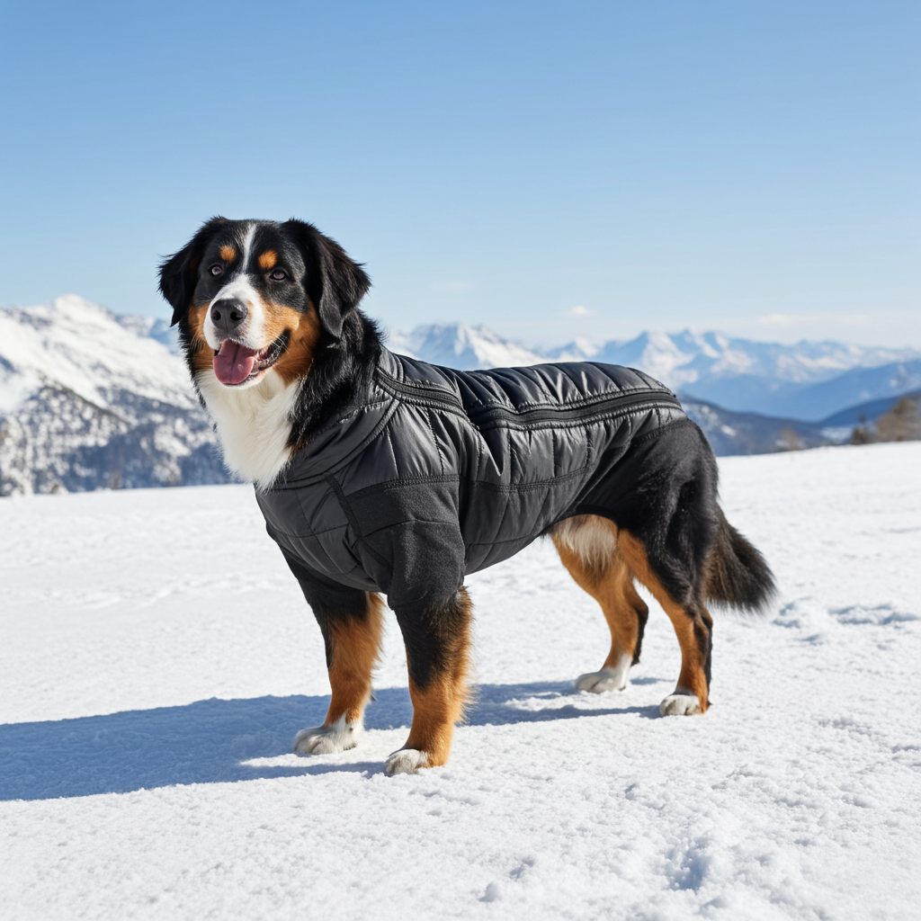 Black lightweight stretch dog jacket with full-body quilted coverage and zipper front