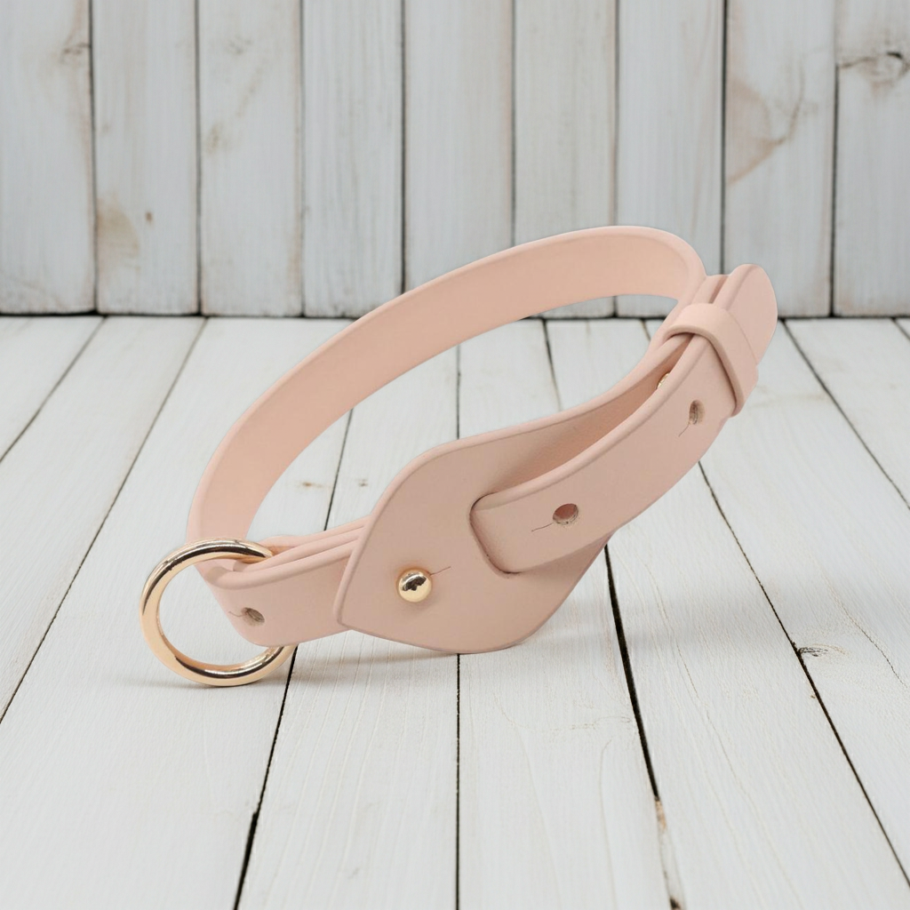 Apricot leather dog collar with metal ring and heart-shaped keeper