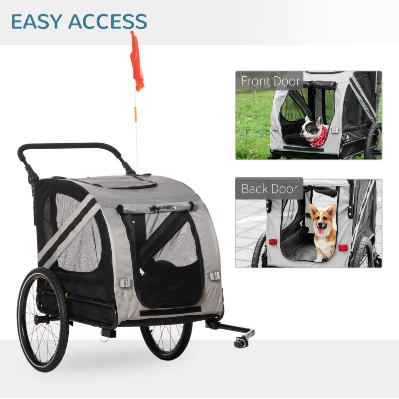 Grey 2-in-1 pet bike trailer stroller with front and back doors and mesh window panels