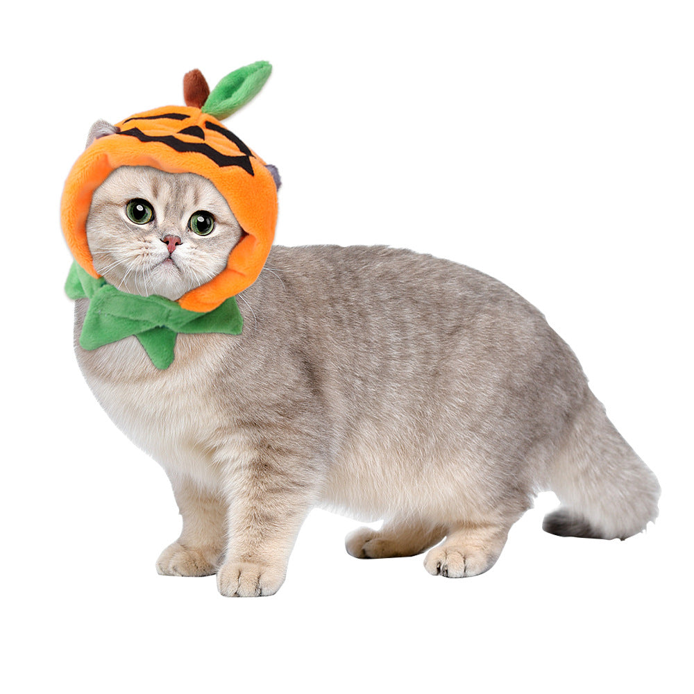 Orange plush cat hat with black stripes, green leaf top, and a face opening