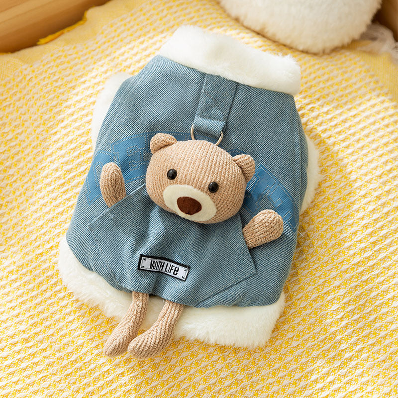 Denim pet vest with teddy bear 3D pocket and tan bear toy detail, blue with white trim