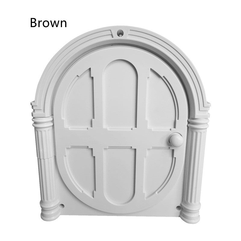 Brown circular pet door with hinged flap panels and control knob