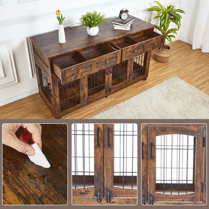 Rustic brown wooden dog crate console with wire doors and open storage shelf