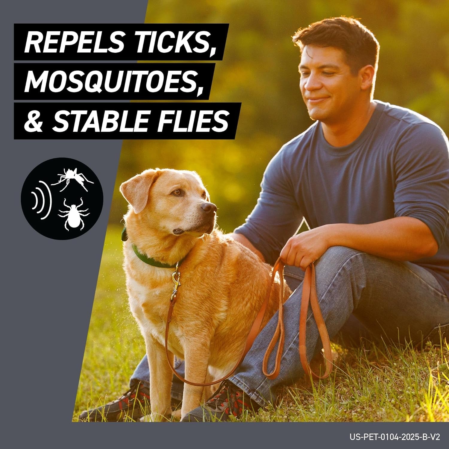 Repels ticks, mosquitoes and stable flies graphic with tan dog