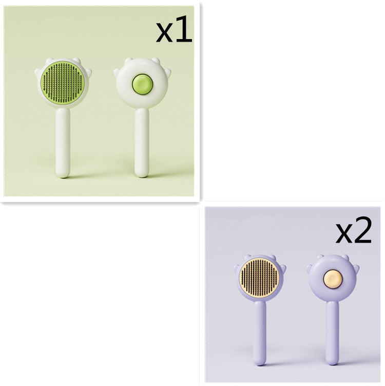 Pet grooming comb brushes with green and purple pin pads, white cat-shaped handles