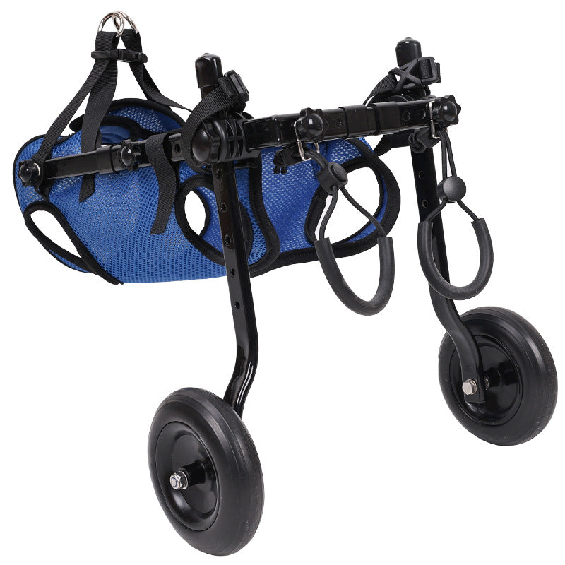 Blue dog wheelchair scooter with black wheel assembly, curved support arms, and rear leg supports